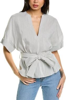 Vince Self Tie V Neck Blouse White Gray Striped Cuffed Sleeve Women's L
